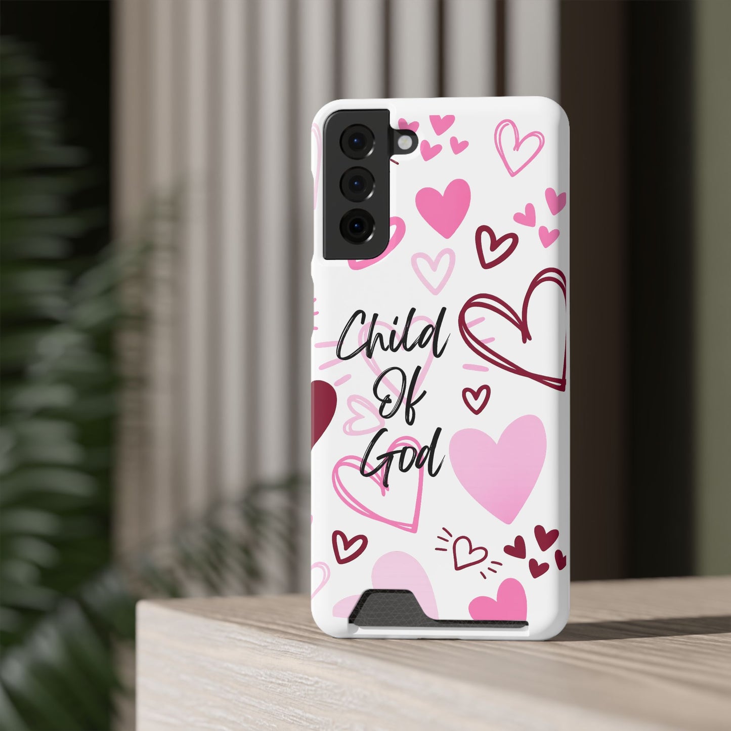 Phone Case — "Child of God" Card Holder Case, Pink Hearts Christian Phone Cover