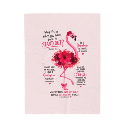 Flamingo Faith Velveteen Plush Blanket – Inspirational Bible Verse Throw ("Stand Out")