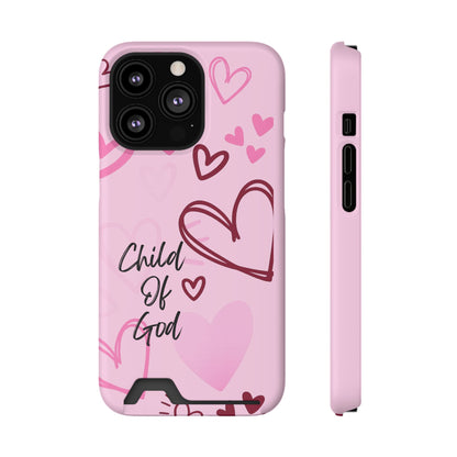 Pink "Child of God" Phone Card Case — Heart Pattern Religious Phone Case with Card Holder
