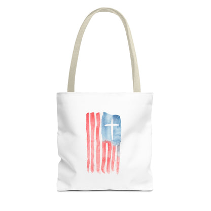 Patriotic Faith Tote Bag — Watercolor Flag with Cross & "Blessed By the Lord" Scripture