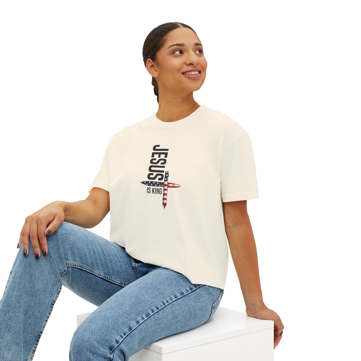 Jesus Is King American Flag Cross Women's Boxy Tee