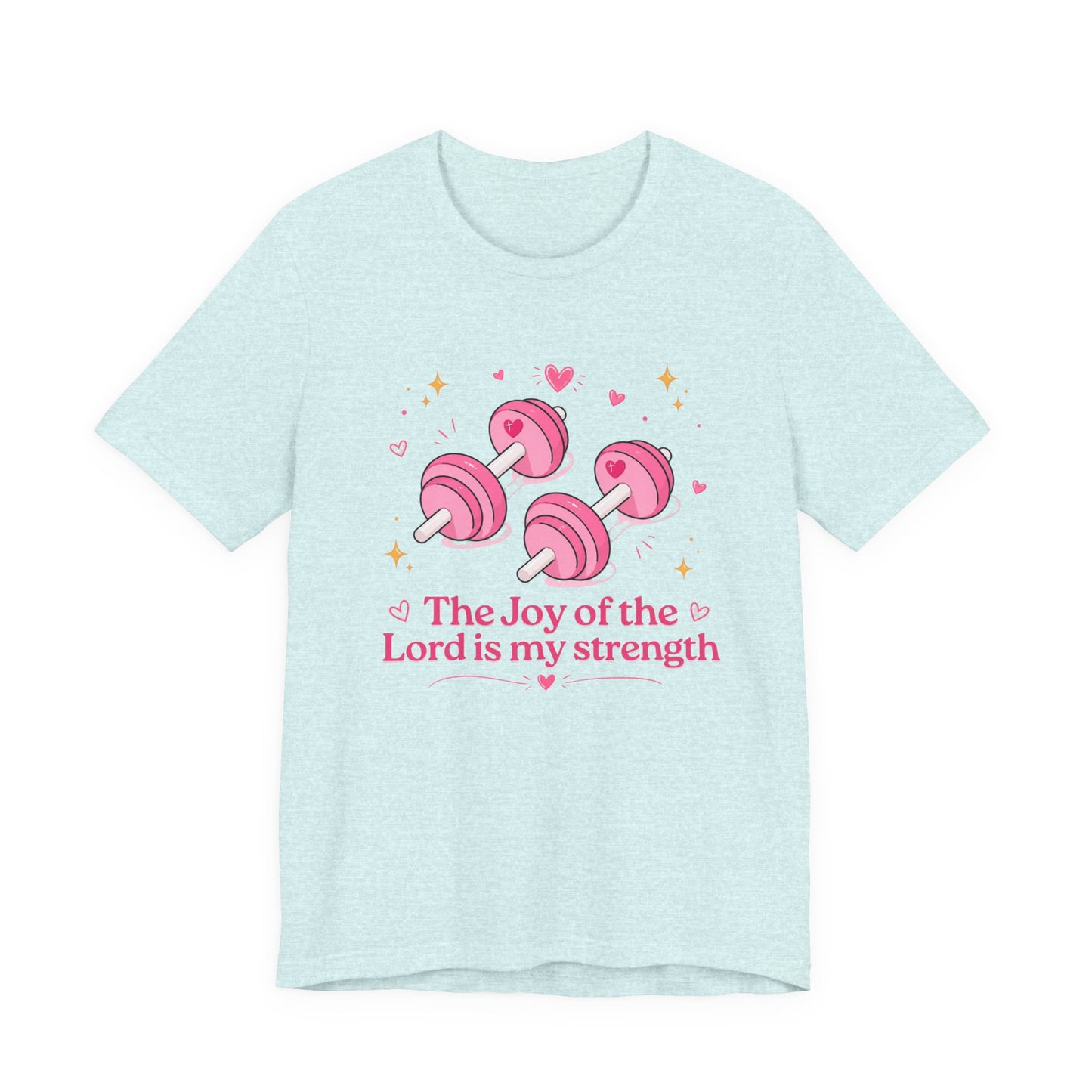Christian Fitness T-Shirt — “The Joy of the Lord is My Strength” Pink Dumbbells Tee