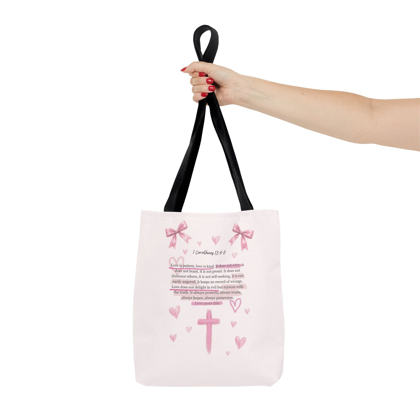 Pink Faith Tote Bag — Inspirational Cross & Rainbow AOP Tote