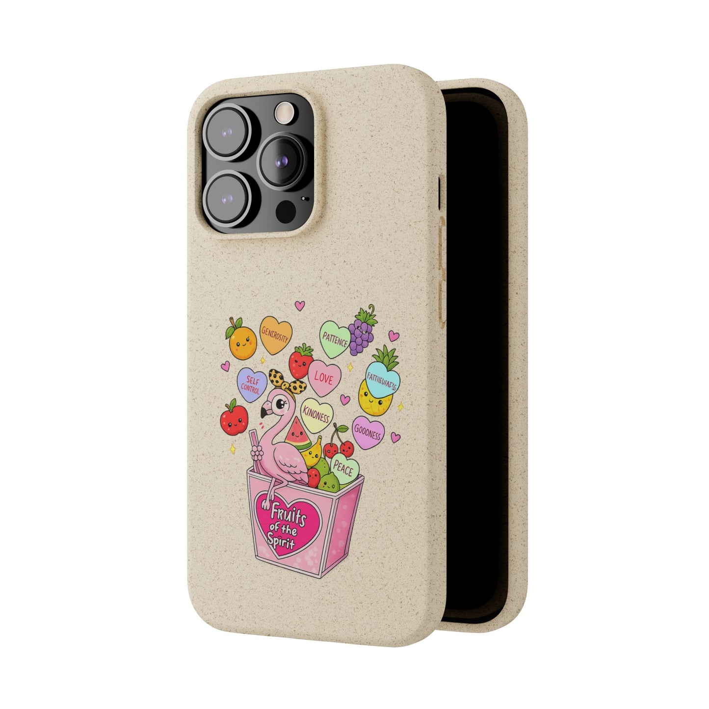 Biodegradable Phone Case — Cute Flamingo & Fruit Hearts "Fruity Love" Eco-Friendly iPhone Cover