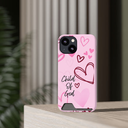 Pink "Child of God" Phone Card Case — Heart Pattern Religious Phone Case with Card Holder