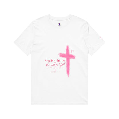 Christian Cross T-Shirt — "God Is Within Her" Pink Watercolor Faith Tee