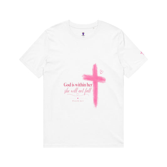 Christian Cross T-Shirt — "God Is Within Her" Pink Watercolor Faith Tee