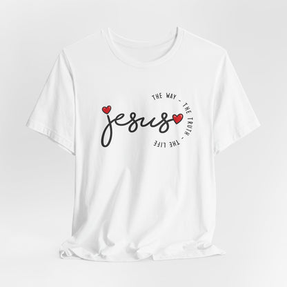 Jesus Script Tee - "Jesus" with Hearts | Faith Christian Shirt