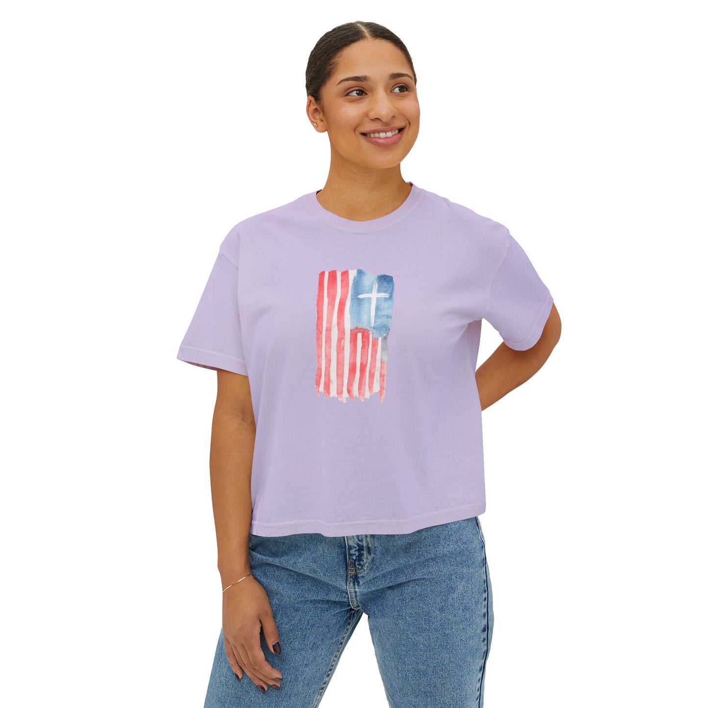 Blessed Tee — Women’s Boxy Christian T-Shirt with Flag Cross (Psalm 33:12)
