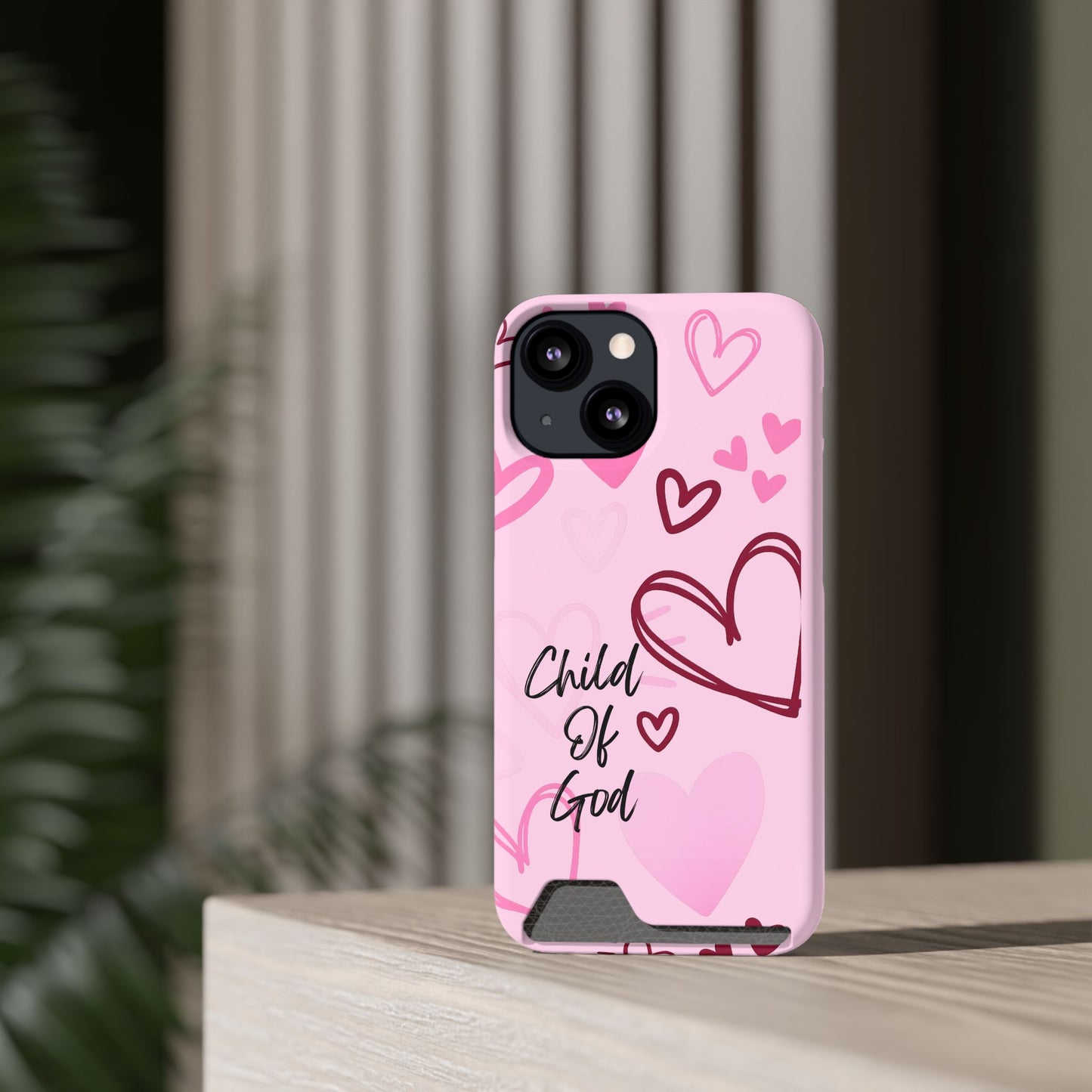 Pink "Child of God" Phone Card Case — Heart Pattern Religious Phone Case with Card Holder