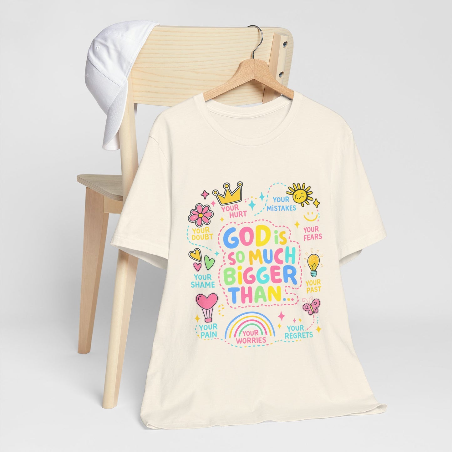 Christian T‑Shirt — "God Is So Much Bigger Than..." Pastel Faith Tee
