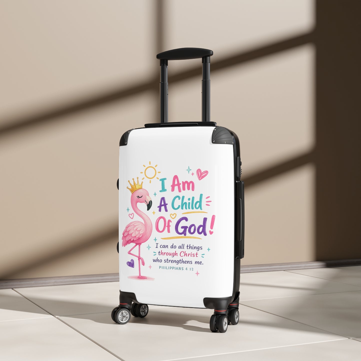 Child of God Kids Suitcase – Pink Flamingo Faith Travel Luggage (Philippians 4:13)