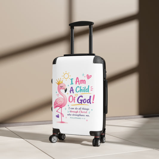 Child of God Kids Suitcase – Pink Flamingo Faith Travel Luggage (Philippians 4:13)
