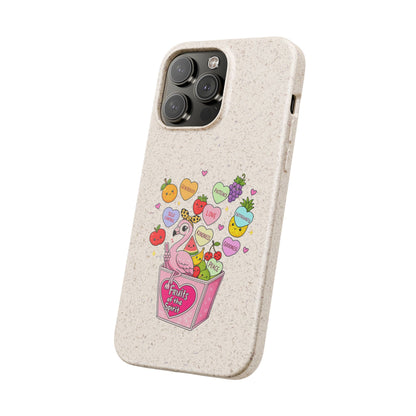 Biodegradable Phone Case — Cute Flamingo & Fruit Hearts "Fruity Love" Eco-Friendly iPhone Cover