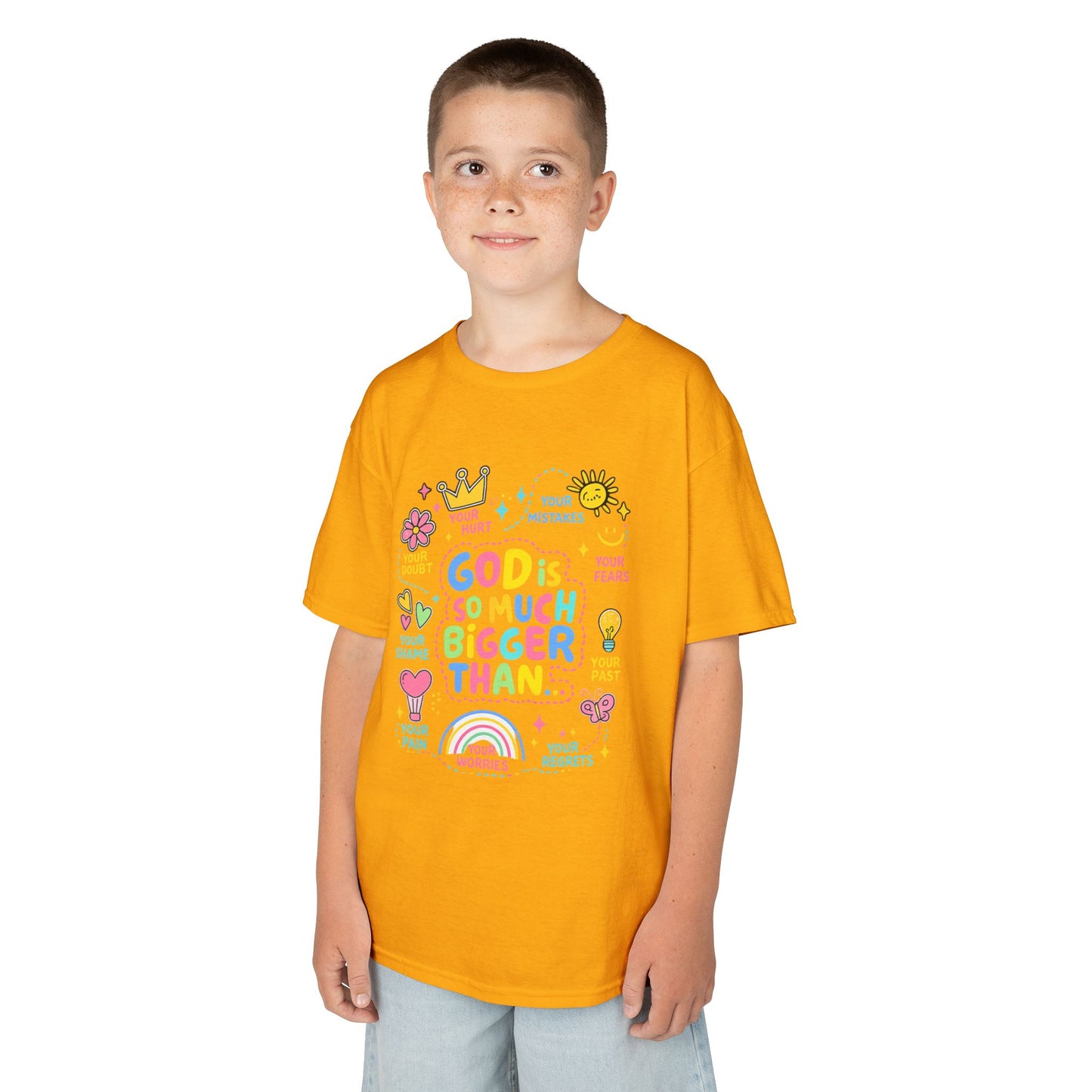 UNISEX Kids Tee — "God Is So Much Bigger Than" Colorful Faith Graphic