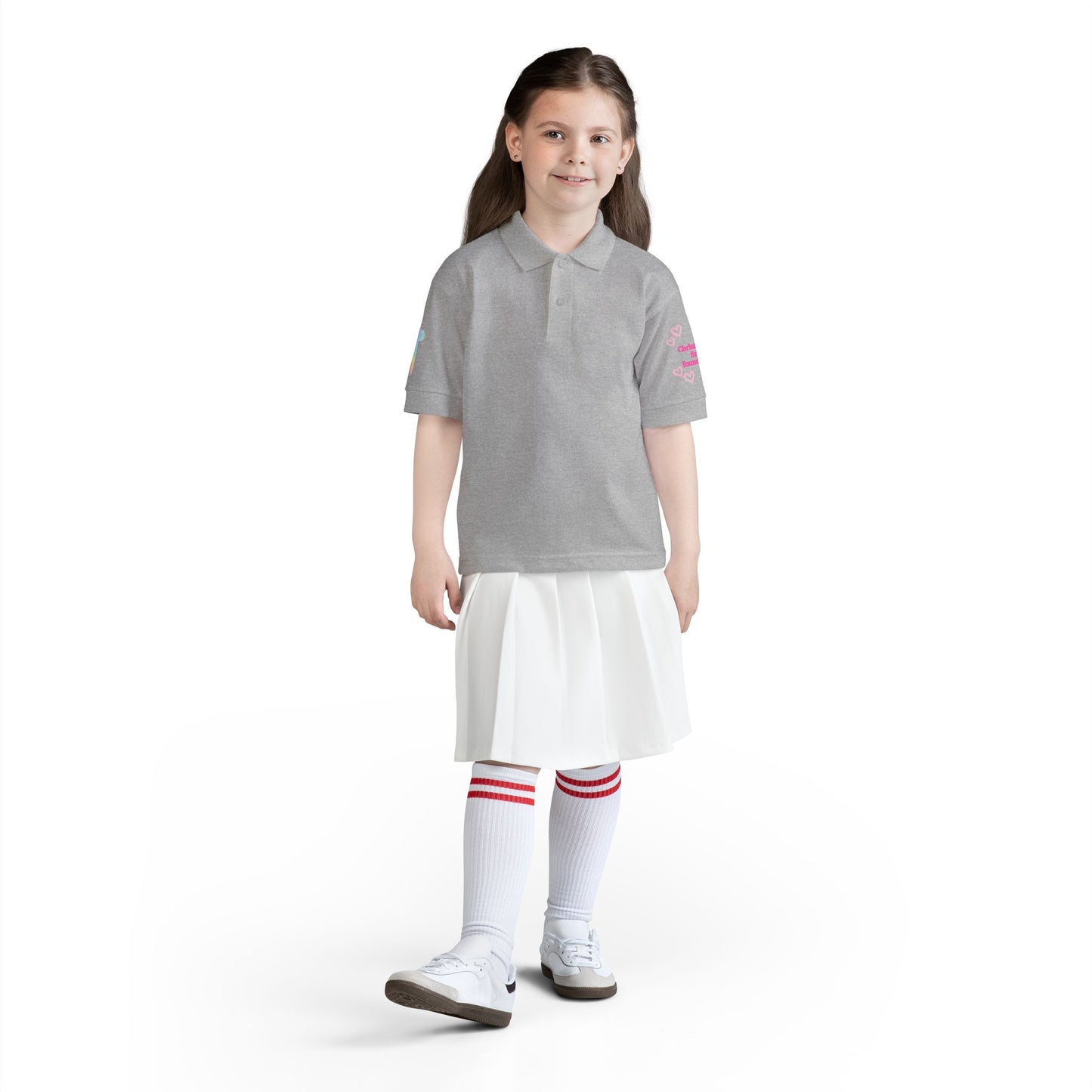 Youth Polo Shirt — Pink Floral Flamingo Kids' Polo (Hearts & Colorful Sleeves)