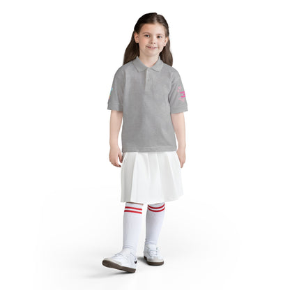 Youth Polo Shirt — Pink Floral Flamingo Kids' Polo (Hearts & Colorful Sleeves)