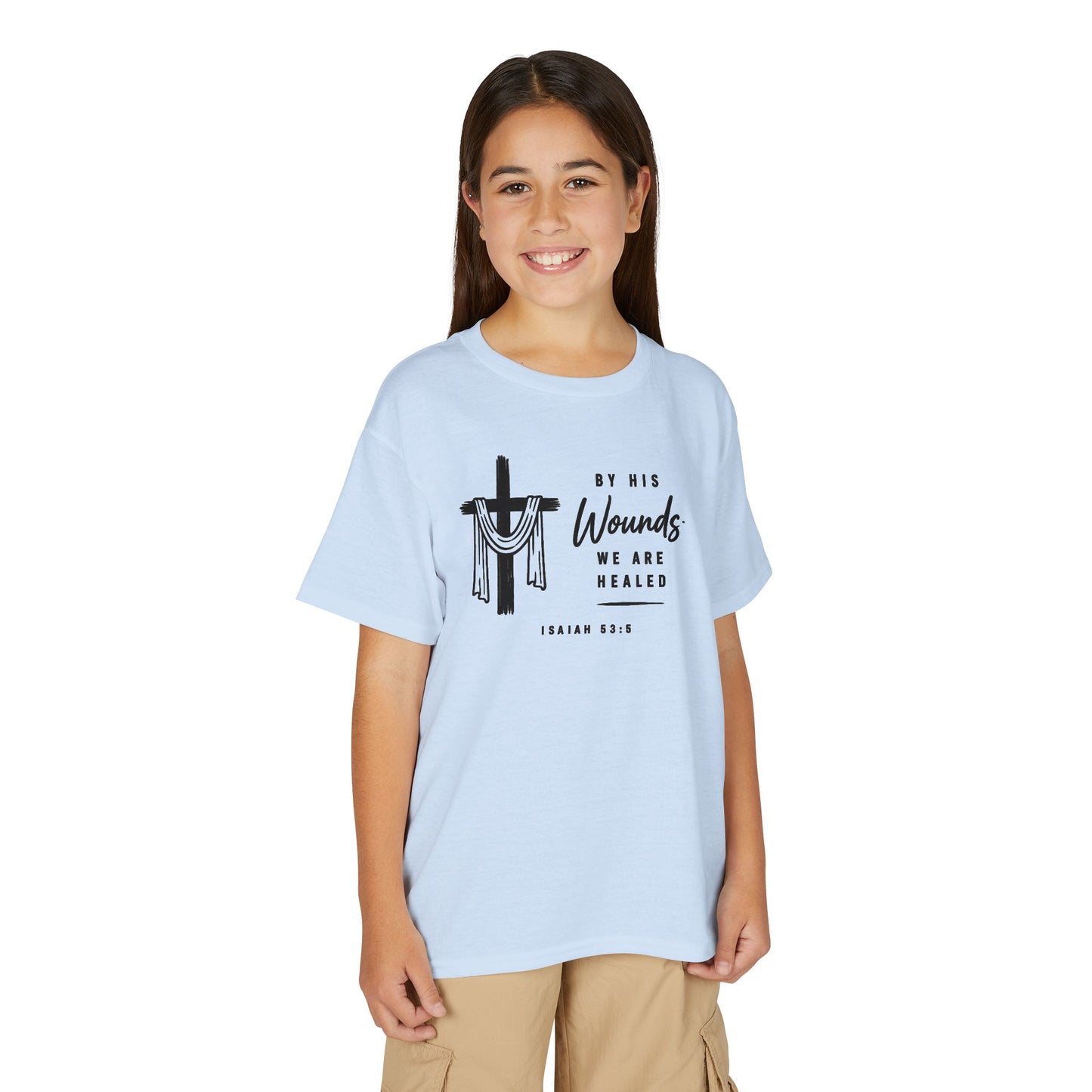 Youth T-Shirt - "By His Wounds We Are Healed" Christian Cross Tee