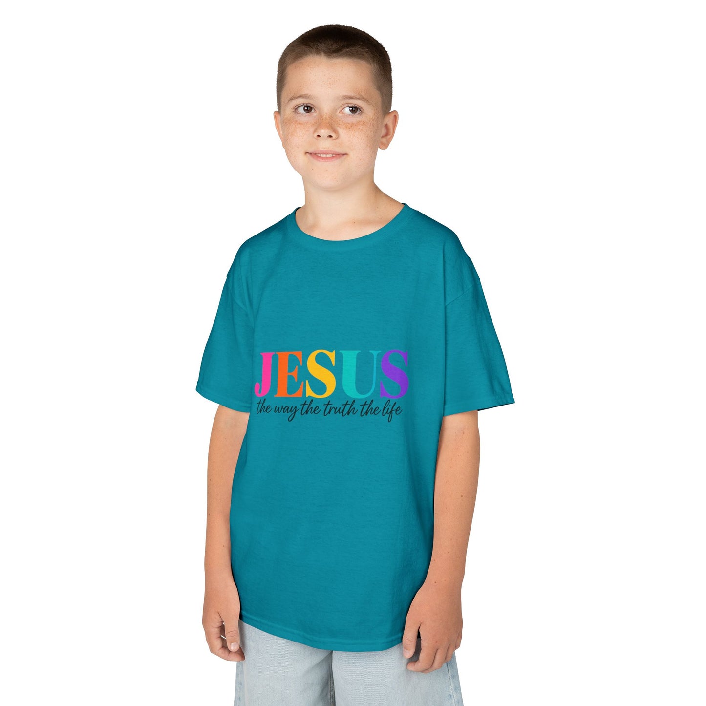 Kids Tee — "JESUS The Way The Truth The Life" Rainbow Christian T-Shirt