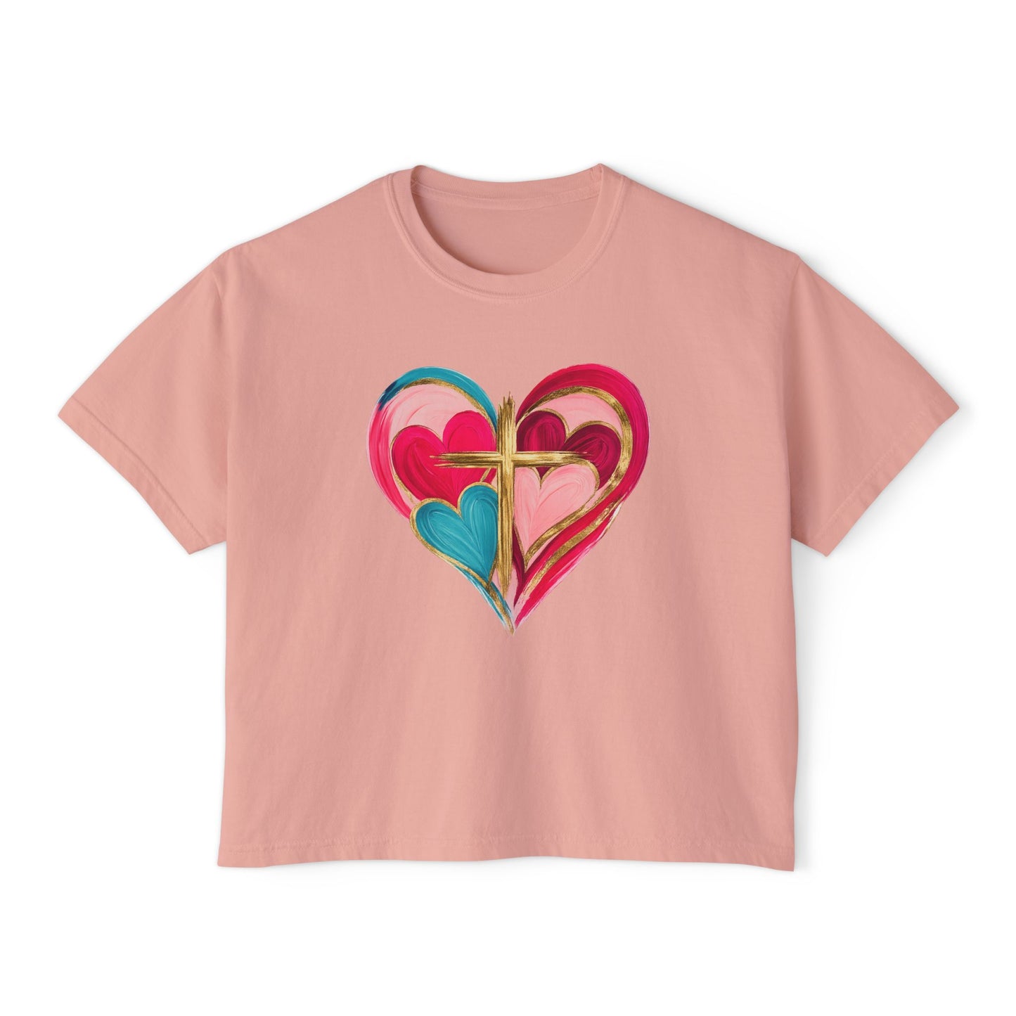 Heart Cross Women's Boxy Tee — Colorful Watercolor Heart Graphic