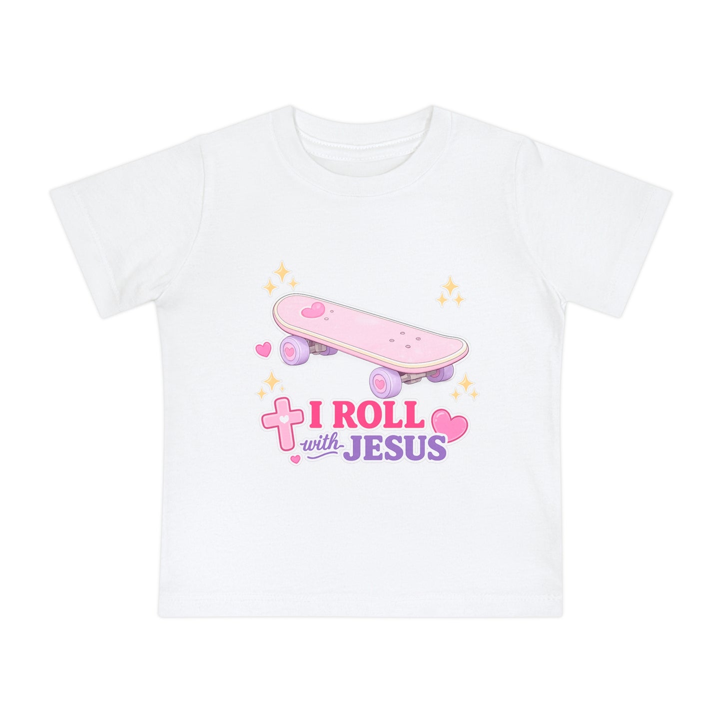 Baby T-Shirt - "I Roll with Jesus" Pink Skateboard Christian Infant Tee