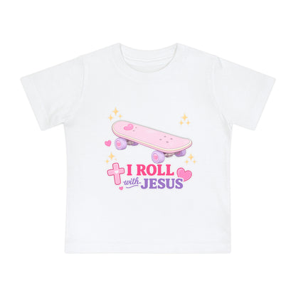 Baby T-Shirt - "I Roll with Jesus" Pink Skateboard Christian Infant Tee