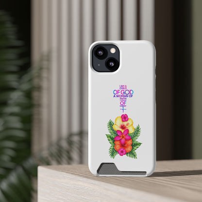Phone Case with Card Holder — Floral Cross Design: "I Am a Child of God, A Woman of Faith"