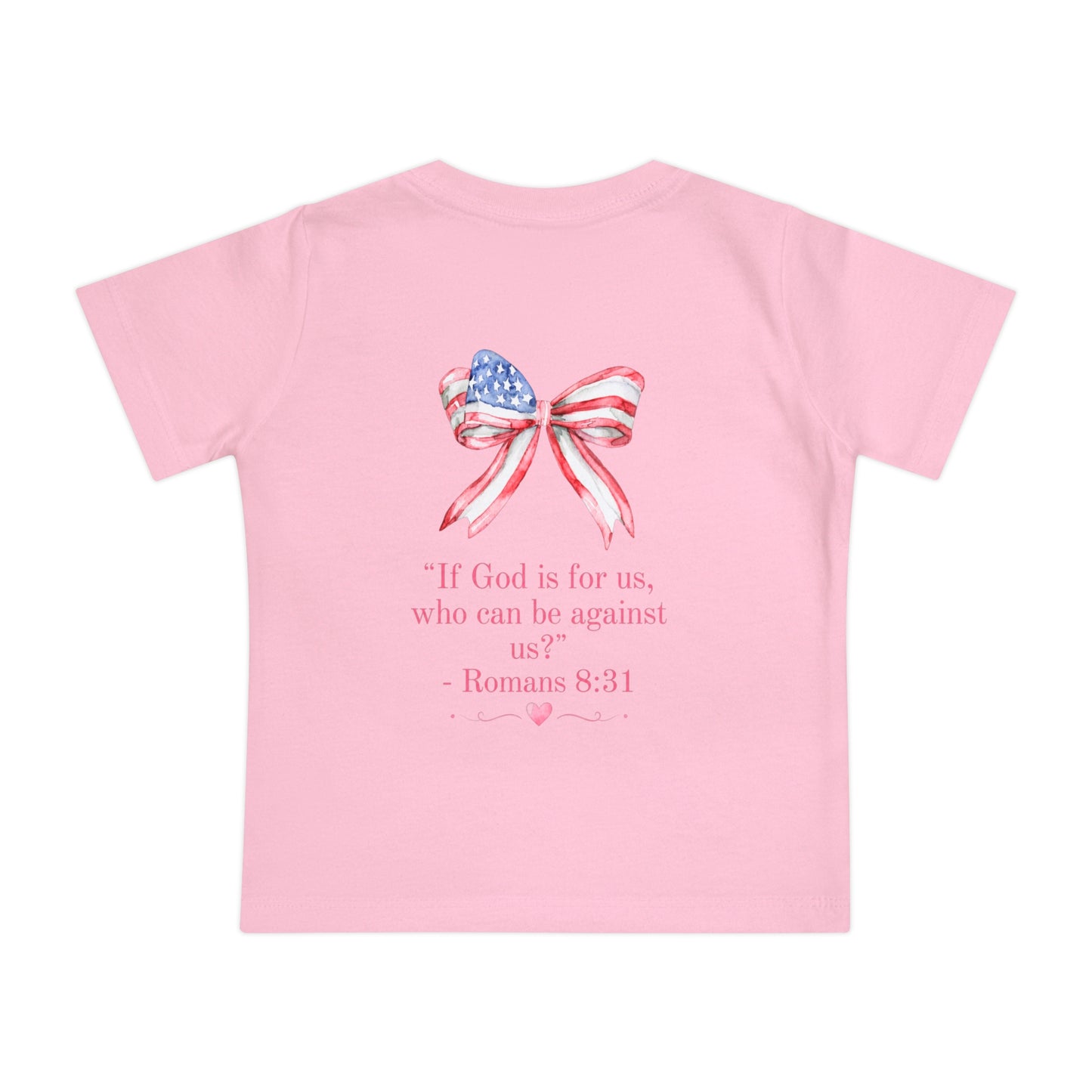 Baby T-Shirt — 'I Am a Child of God' Christian Infant Tee (Romans 8:31, Patriotic Bow Back)