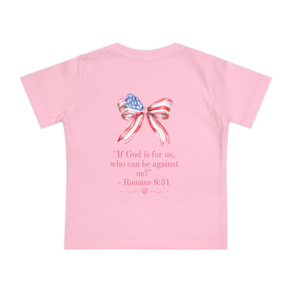 Baby T-Shirt — 'I Am a Child of God' Christian Infant Tee (Romans 8:31, Patriotic Bow Back)