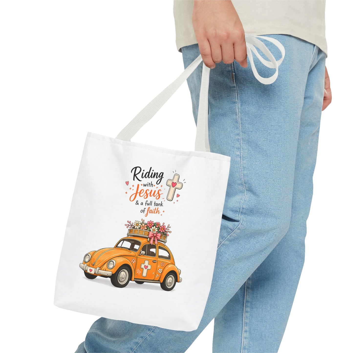 Christian Tote Bag — “Riding with Jesus” Floral Beetle Illustration