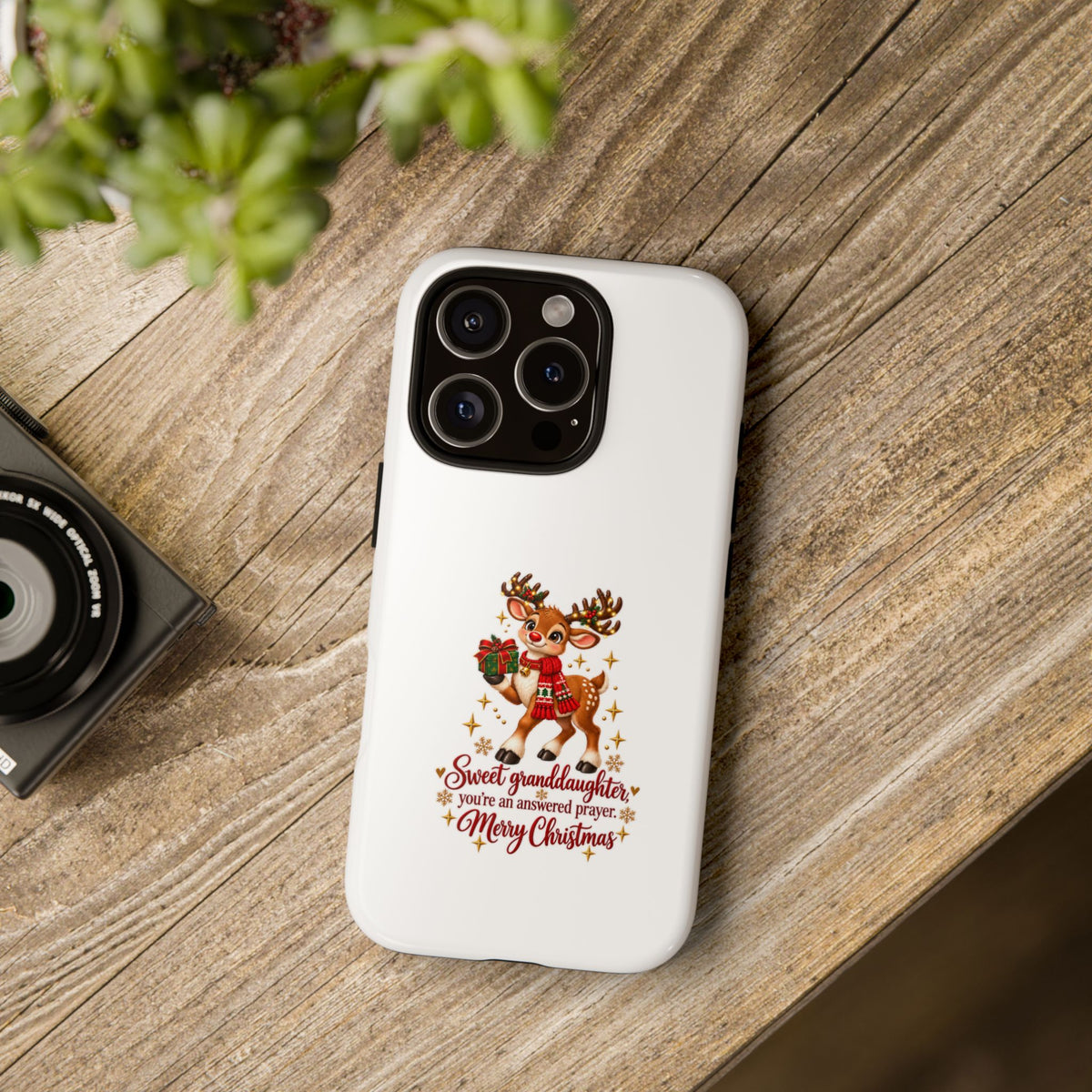 Christmas Reindeer Phone Case — “Sweet granddaughter you’re an answered prayer” Holiday Phone Cover