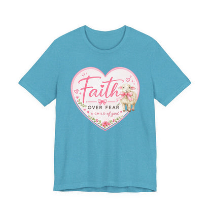 Faith Over Fear Heart T‑Shirt — Pink Floral Lamb Christian Tee