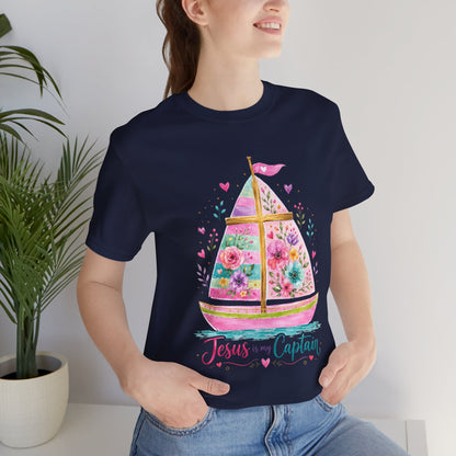 Jesus Is My Captain Floral Sailboat T-Shirt