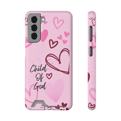 Pink "Child of God" Phone Card Case — Heart Pattern Religious Phone Case with Card Holder