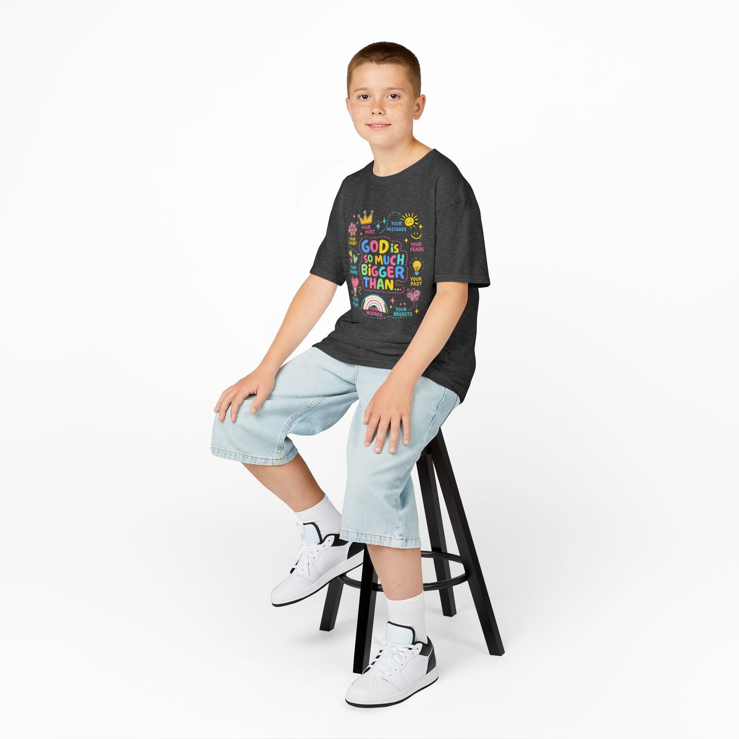 UNISEX Kids Tee — "God Is So Much Bigger Than" Colorful Faith Graphic