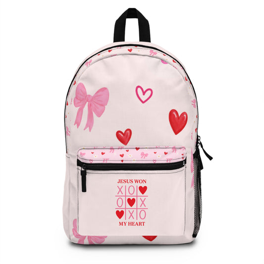 Backpack — Pink Valentine Christian Backpack “Jesus Won My Heart” with Bows & Hearts