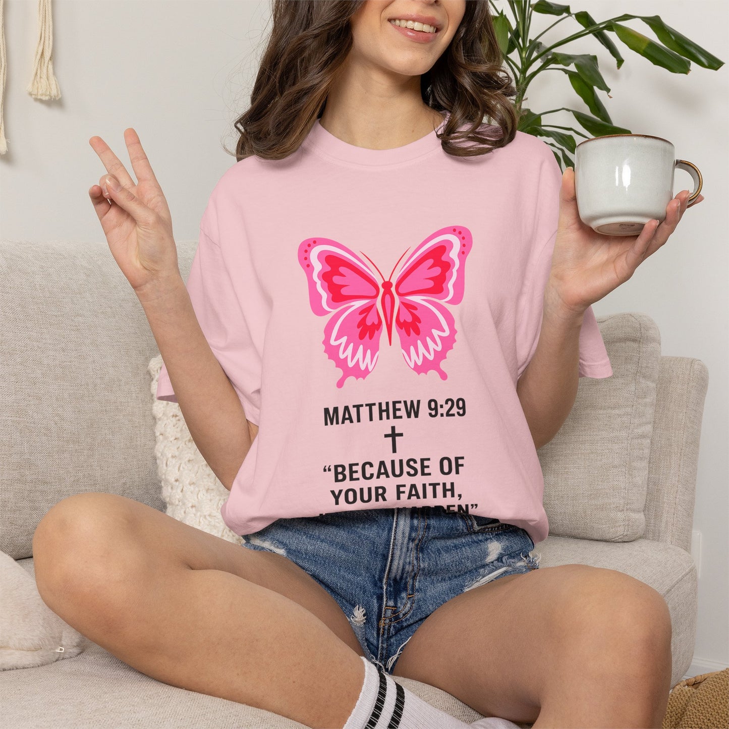 Faith Butterfly T-Shirt — Matthew 9:29 "Because of Your Faith, It Will Happen"