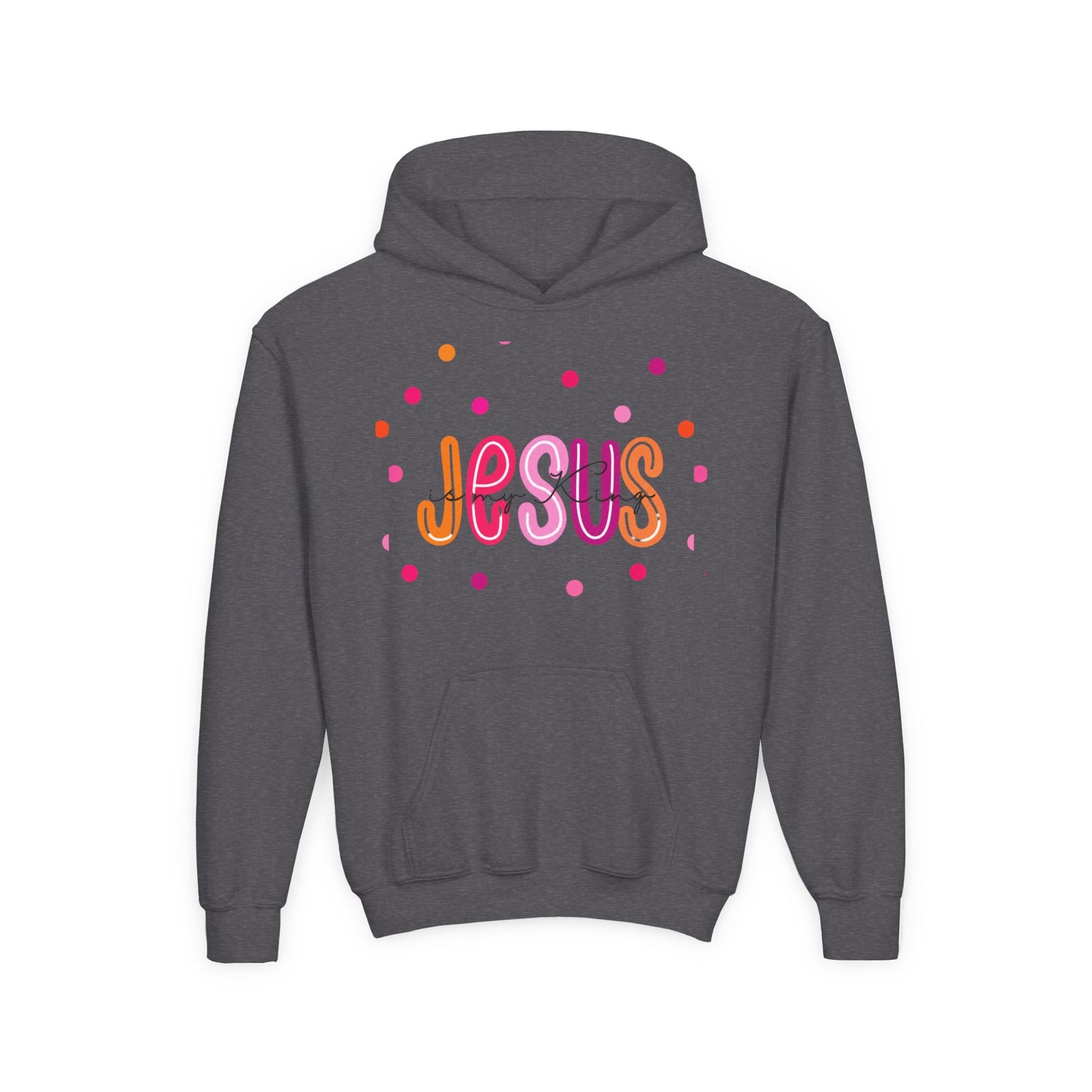 Youth Hoodie — “Jesus” Colorful Polka Dot Christian Pullover