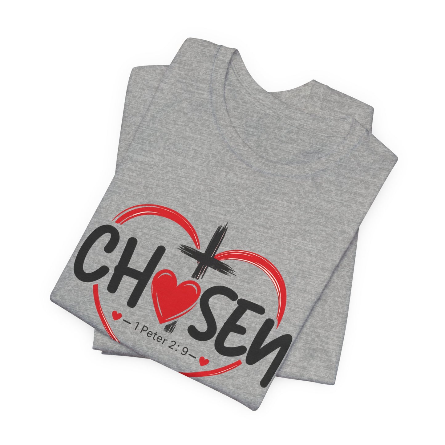 Chosen Heart Christian T-Shirt — "Chosen" with Cross & 1 Peter 2:9 Faith Tee