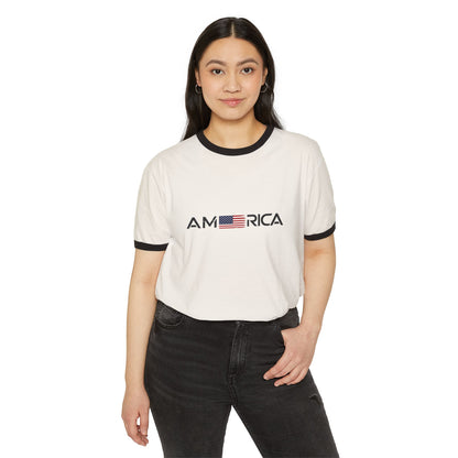 America Ringer T-Shirt — Vintage Flag "One Nation Under God" Patriotic Tee
