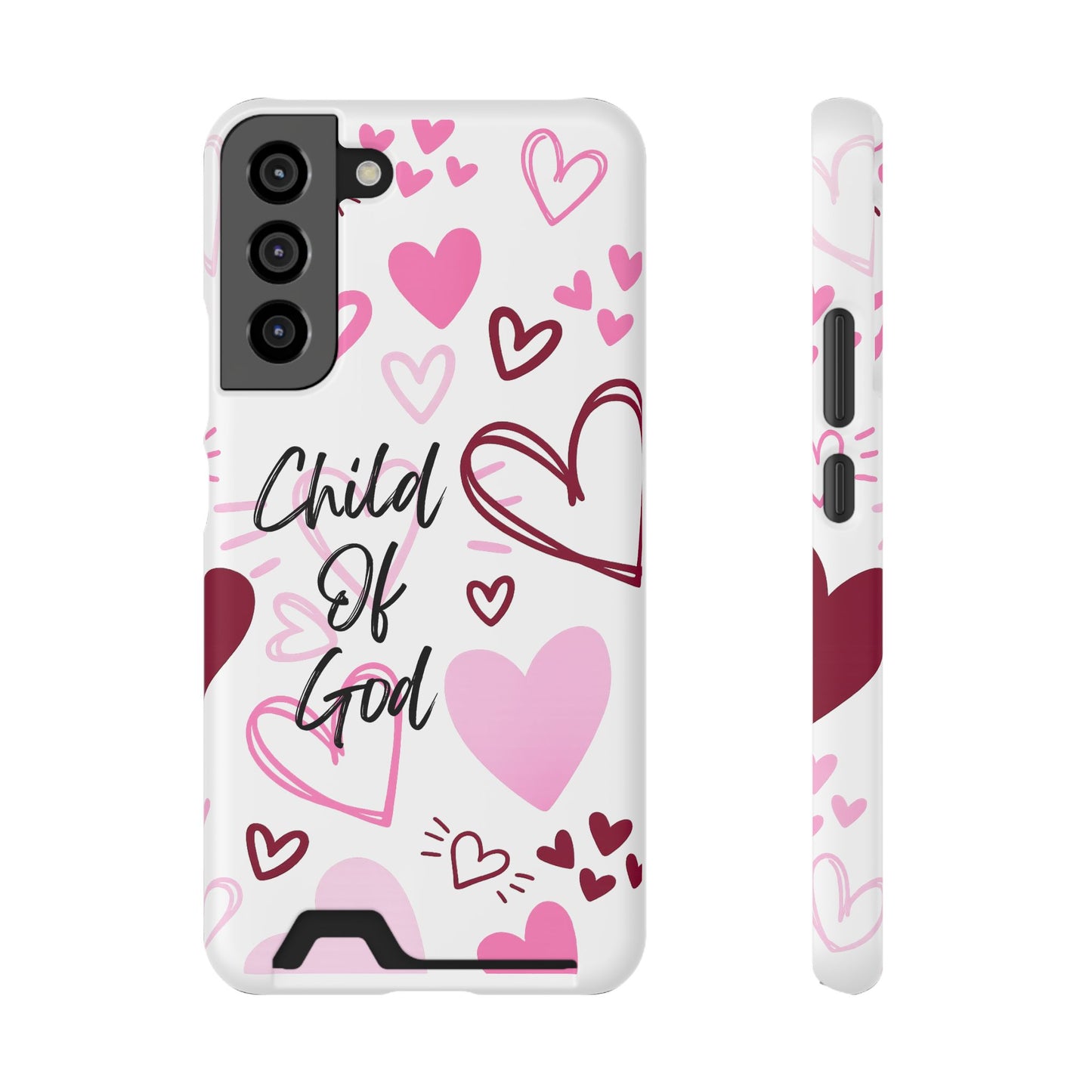 Phone Case — "Child of God" Card Holder Case, Pink Hearts Christian Phone Cover