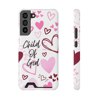 Phone Case — "Child of God" Card Holder Case, Pink Hearts Christian Phone Cover
