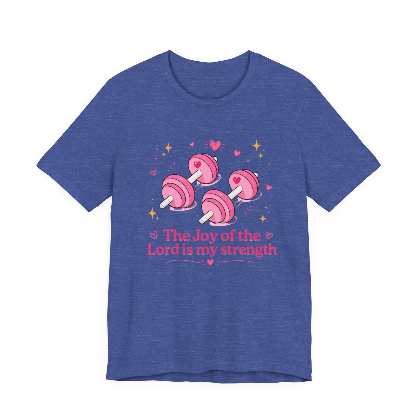 Christian Fitness T-Shirt — “The Joy of the Lord is My Strength” Pink Dumbbells Tee