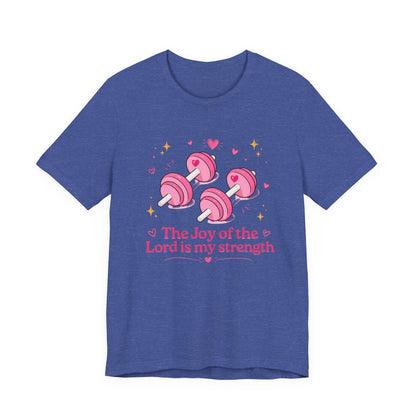 Christian Fitness T-Shirt — “The Joy of the Lord is My Strength” Pink Dumbbells Tee