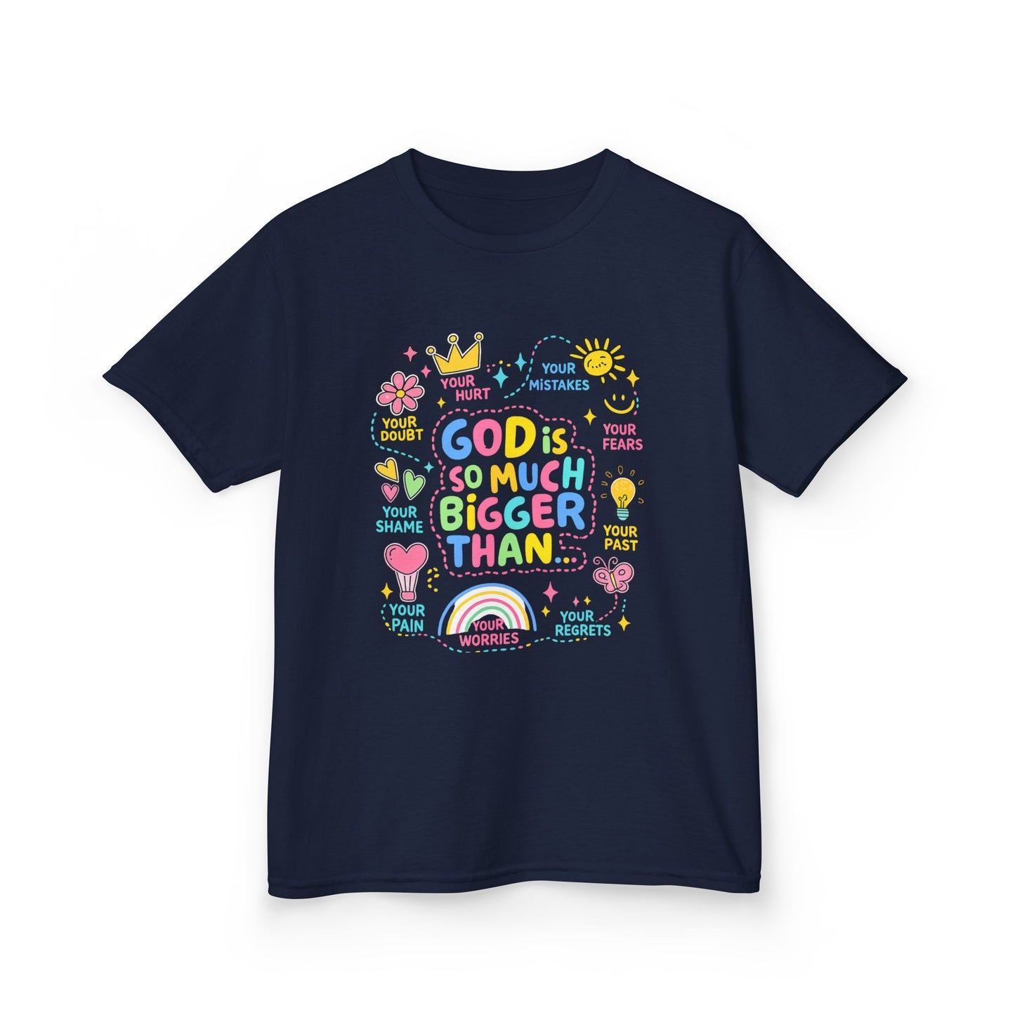 UNISEX Kids Tee — "God Is So Much Bigger Than" Colorful Faith Graphic