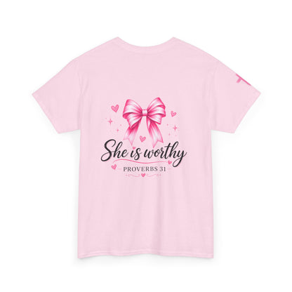 She Is Worthy T-Shirt — "I Know Jesus Loves Me" Pink Bow Christian Tee (Proverbs 31)