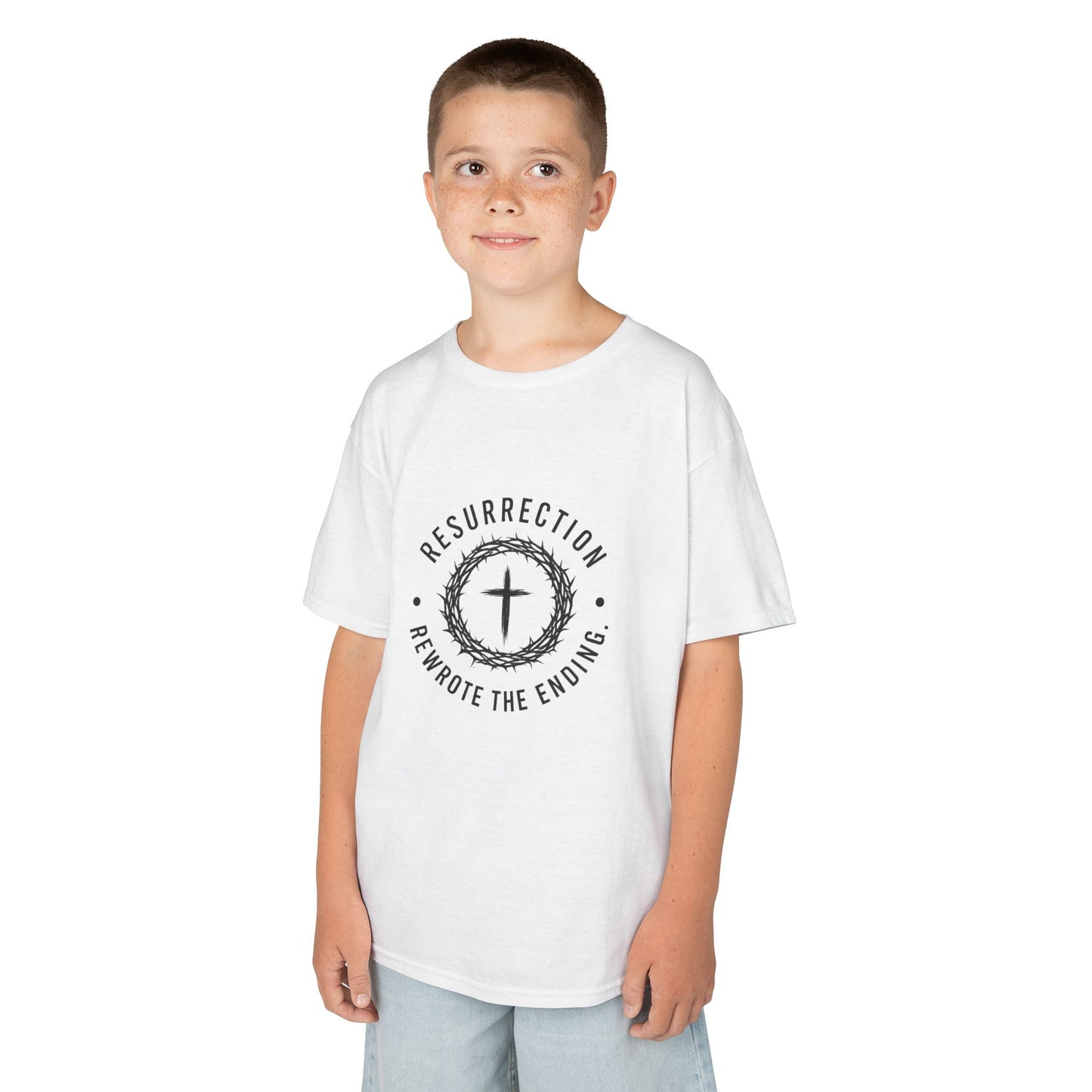 UNISEX KIDS Tee — 'Resurrection: He Wrote the Ending' Cross Graphic