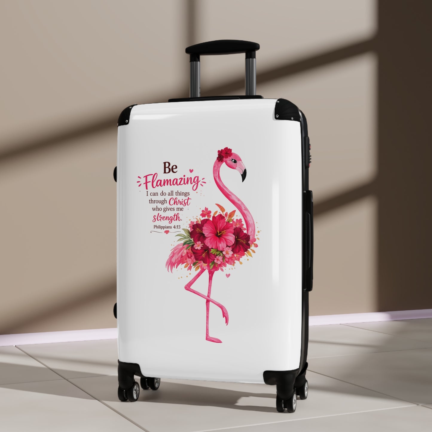 Flamingo Christian Carry-On Suitcase – "Be Flamingo: I can do all things through Christ..." Inspirational Luggage
