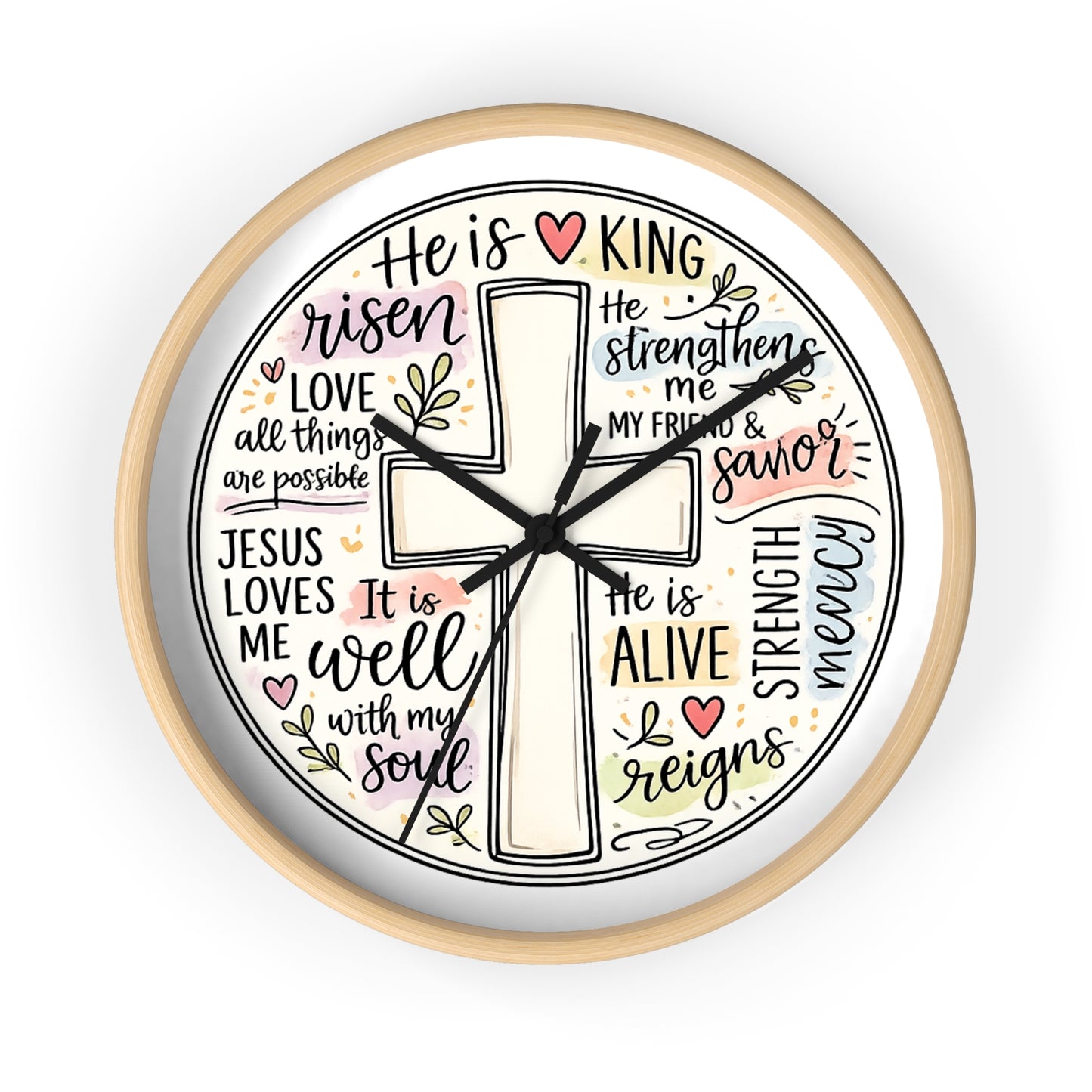Christian Cross Wall Clock — Inspirational Scripture Quote Home Decor (He is Risen • It Is Well • Jesus Loves Me)