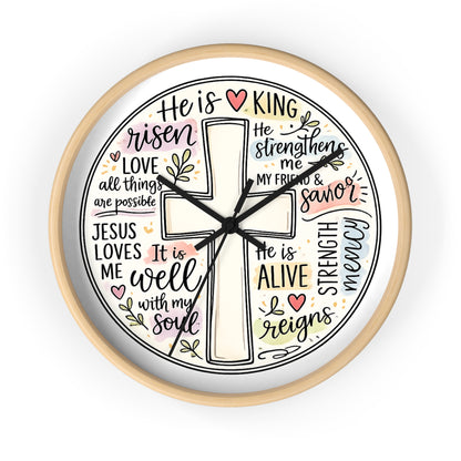 Christian Cross Wall Clock — Inspirational Scripture Quote Home Decor (He is Risen • It Is Well • Jesus Loves Me)